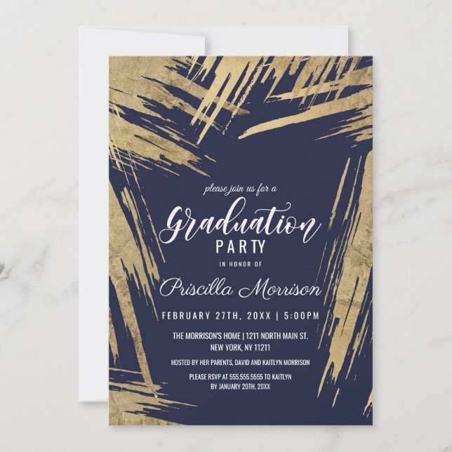 Invitación Moderno Cepillos de Oro Moda Azul de la Marina Gra (Anverso)
