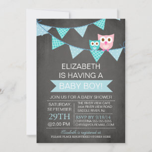 Invitación Moderno Chalkboard Bunting Owl Boy Baby Shower