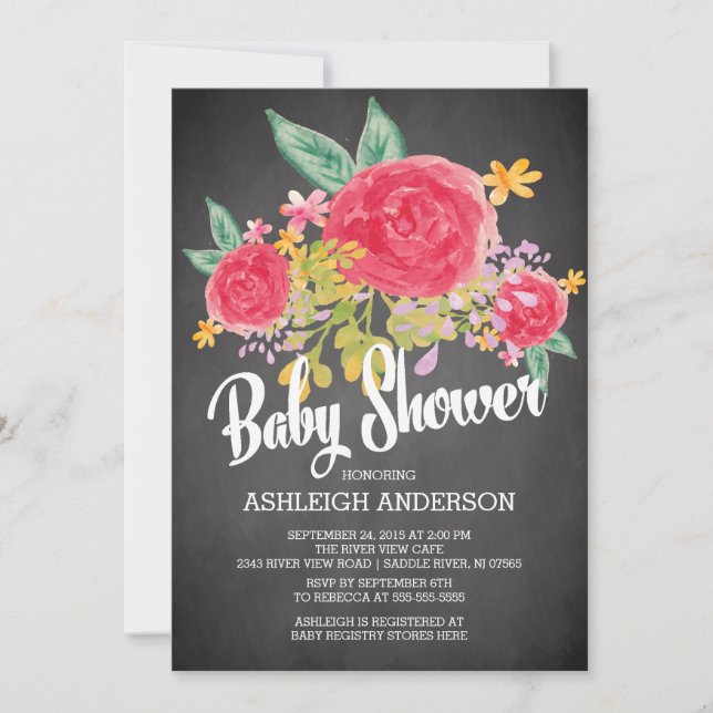 Invitación Moderno Chalkboard Flowers Chica Baby Shower (Anverso)