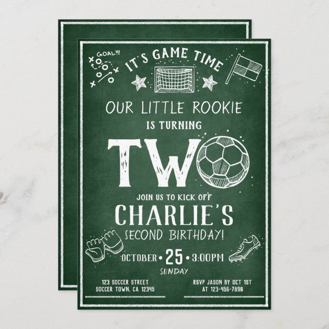 Invitación Moderno Chalkboard Soccer All Star 2º cumpleaños (Anverso / Reverso)