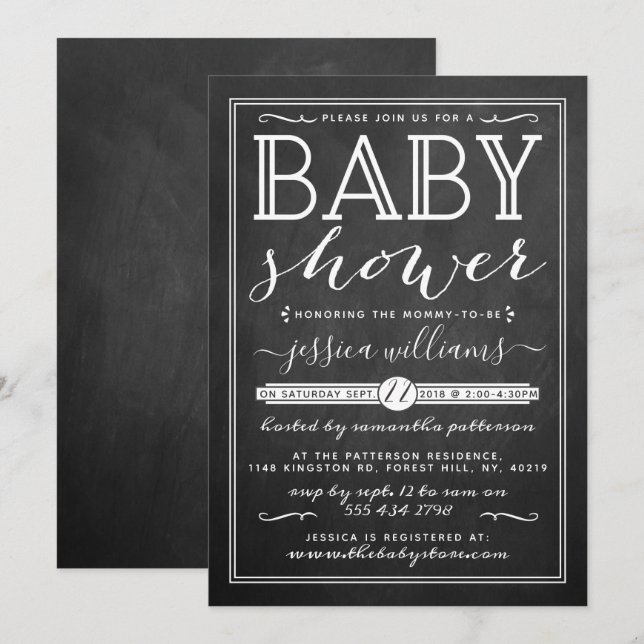Invitación Moderno Chalkboard Trendy Typography Baby Shower (Anverso / Reverso)