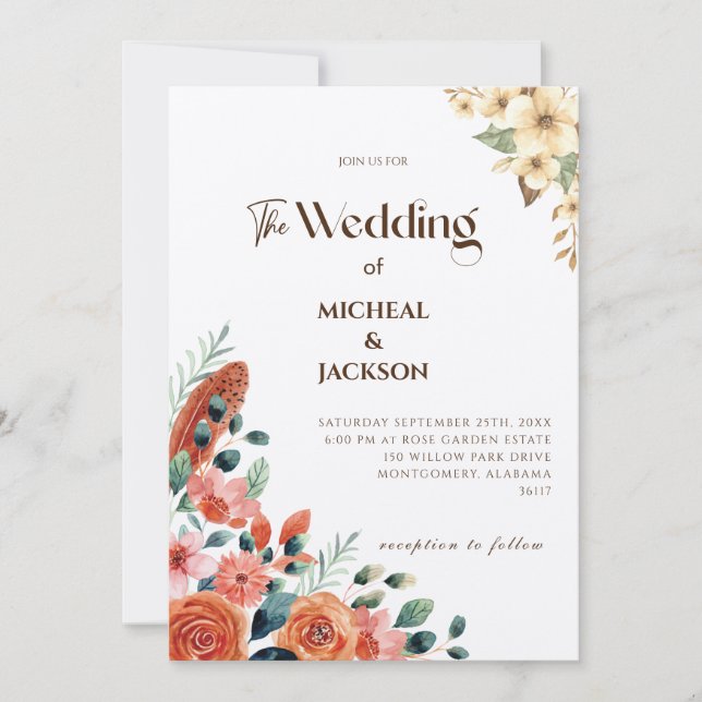 Invitación Moderno Chic Bohemio Acuarela Floral  (Anverso)