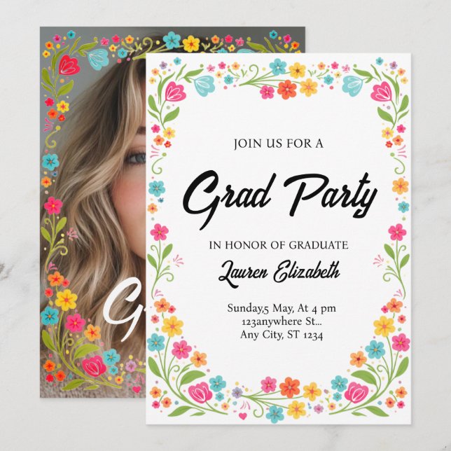 Invitación moderno chic boho brillante flores silvestres grad (Anverso / Reverso)