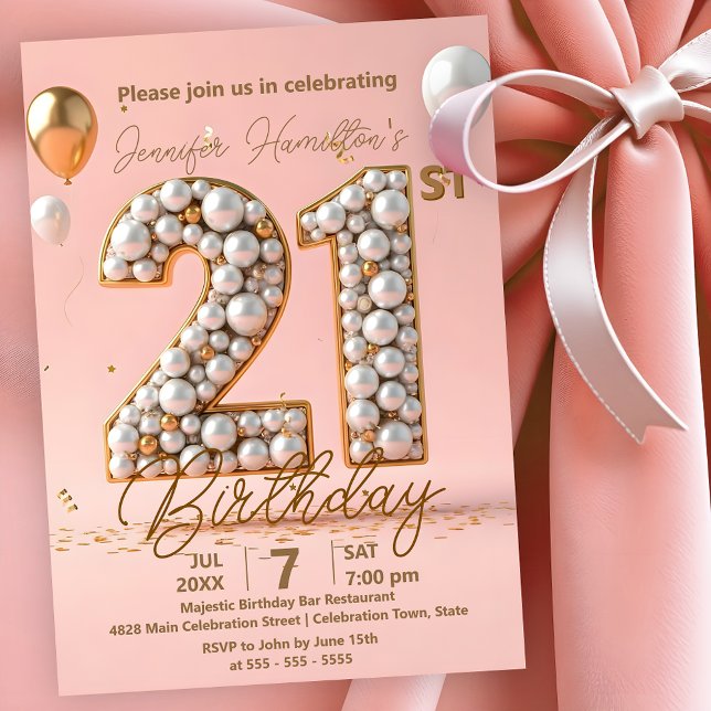Invitación Moderno Chic Cumpleaños 21 Dorado y Rosa Suave (Subido por el creador)