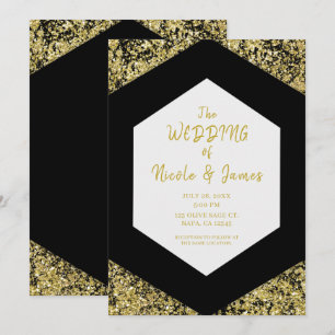 Invitación Moderno Chic Escamas de Purpurina Negras Doradas B