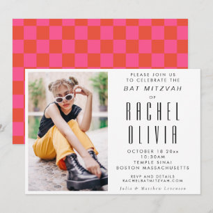 Invitación Moderno Chic Retro Foto Rosa y Rojo Bat Mitzvah I