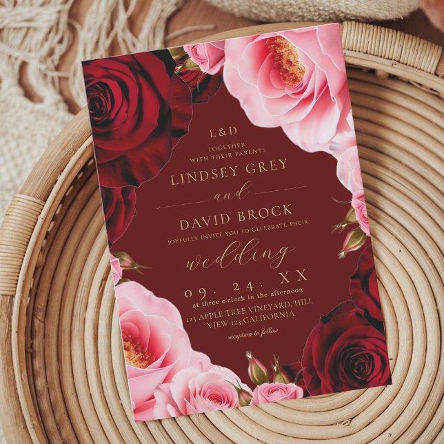 Invitación Moderno Chic Rosa Borgoña Rosas Florales Boda (Subido por el creador)