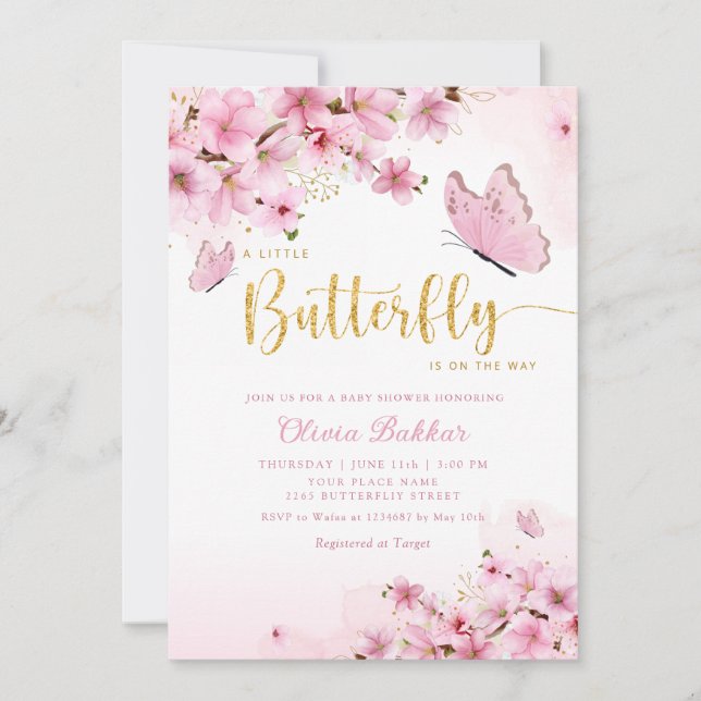 Invitación Moderno Chica Boho Pink Floral Butterfly Baby Show (Anverso)