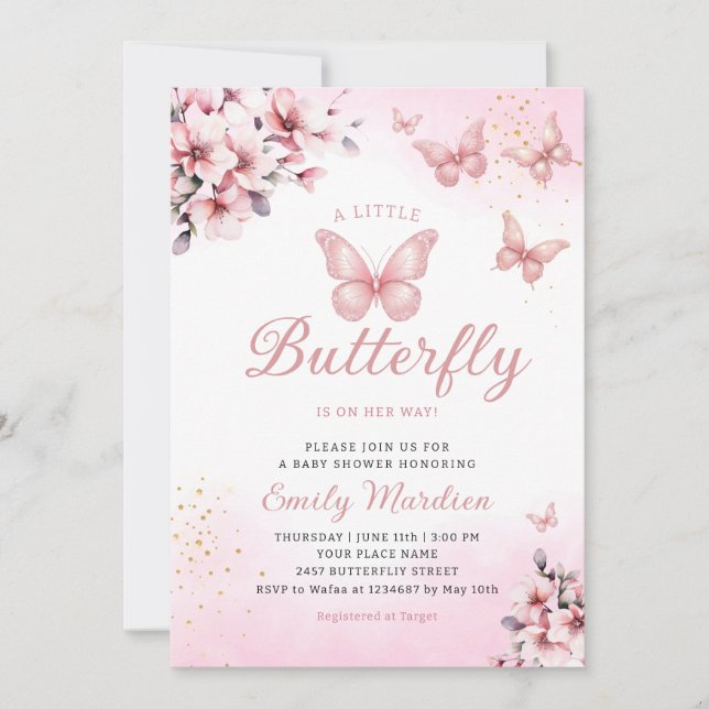 Invitación Moderno Chica Boho Pink Floral Butterfly Baby Show (Anverso)