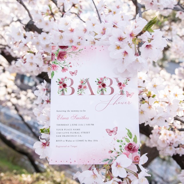 Invitación Moderno Chica Boho Pink Floral Butterfly Baby Show (Subido por el creador)