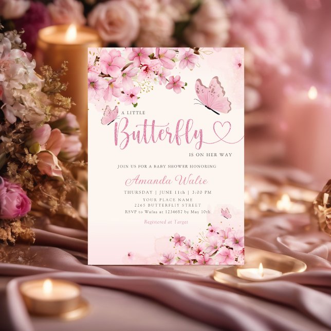 Invitación Moderno Chica Boho Pink Floral Butterfly Baby Show (Subido por el creador)