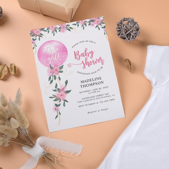 Invitación Moderno Chica de globo floral rosa Fancy Baby Show (Subido por el creador)