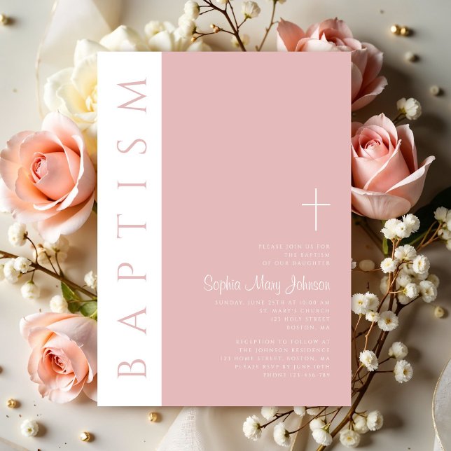 Invitación Moderno Chica elegante de la cruz rosa de Rubor (Modern Elegant Blush Pink Cross Girl Invitation)