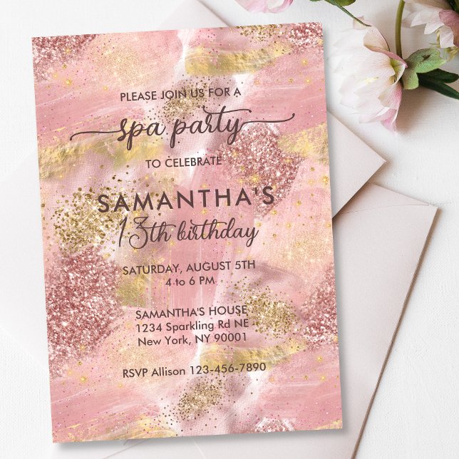 Invitación Moderno Chica  Spa Fiesta Faux Rosa Gold Purpurina (Subido por el creador)