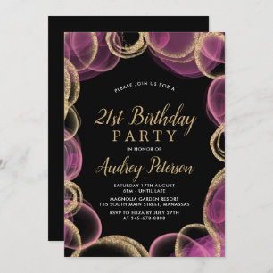 Invitación Moderno círculo rosado y dorado negro 21 cumpleaño