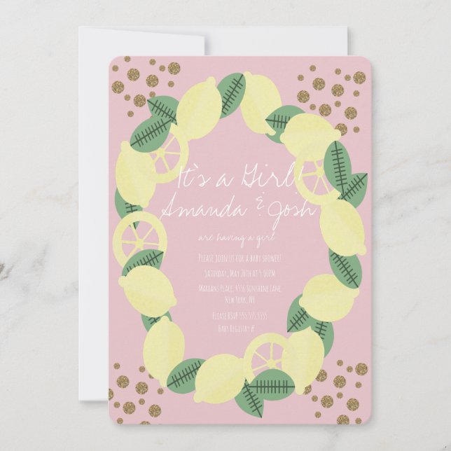 Invitación Moderno Citrus limón Faux Purpurinas Dots Baby Sho (Anverso)