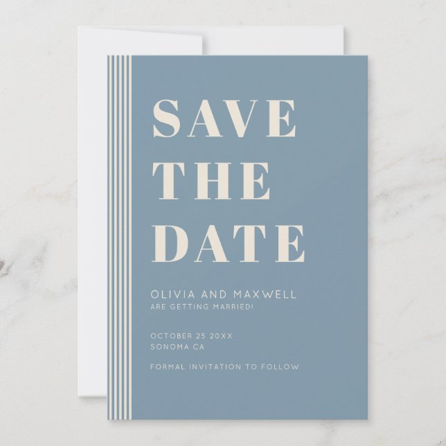 Invitación Moderno Clásico Guardar la Fecha Azul Rayado Boda (Anverso)