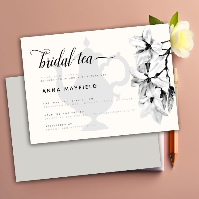 Invitación Moderno clásico Magnolia blanco negro Té de novia (Subido por el creador)