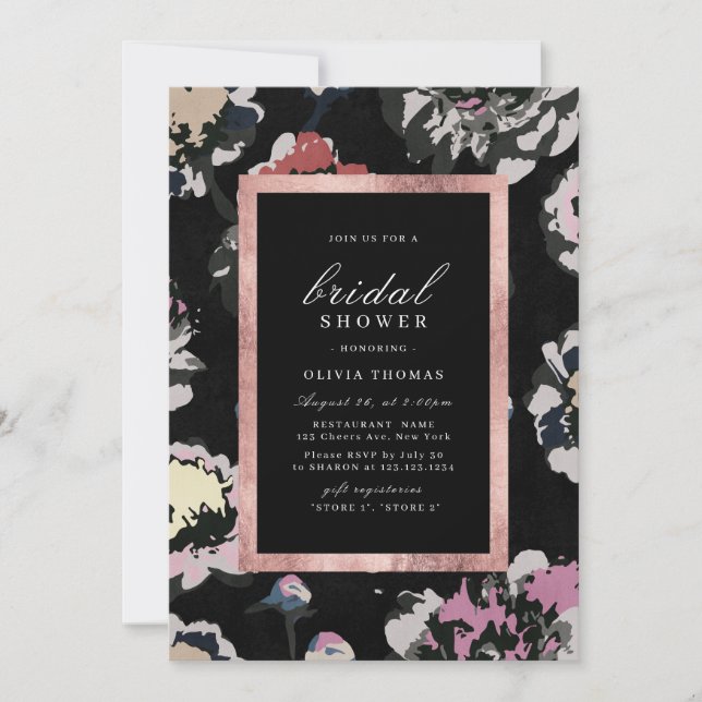 Invitación Moderno clásico negro abstracto floral Bridal Show (Anverso)