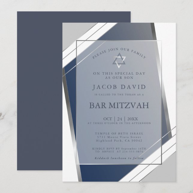 Invitación Moderno Classic Geometric Blue SIlver Bar Mitzvah (Anverso / Reverso)