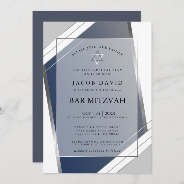 Invitación Moderno Classic Geometric Blue SIlver Bar Mitzvah  (Anverso / Reverso)