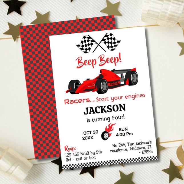 Invitación Moderno coche de carreras rojas beep beep 4º cumpl (Subido por el creador)