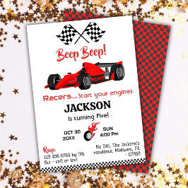 Invitación Moderno coche de carreras rojas beep beep 5 cumple