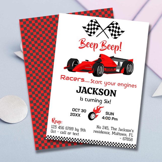 Invitación Moderno coche de carreras rojas beep beep 6 cumple (Subido por el creador)