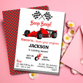 Invitación Moderno coche de carreras rojas beep beep 7 cumple