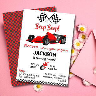 Invitación Moderno coche de carreras rojas beep beep 7 cumple