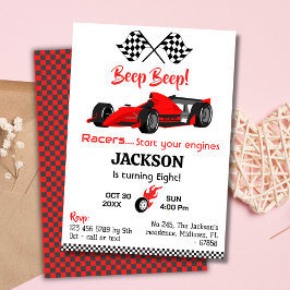 Invitación Moderno coche de carreras rojas beep beep 8 cumple