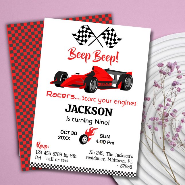 Invitación Moderno coche de carreras rojas beep beep 9 cumple (Subido por el creador)