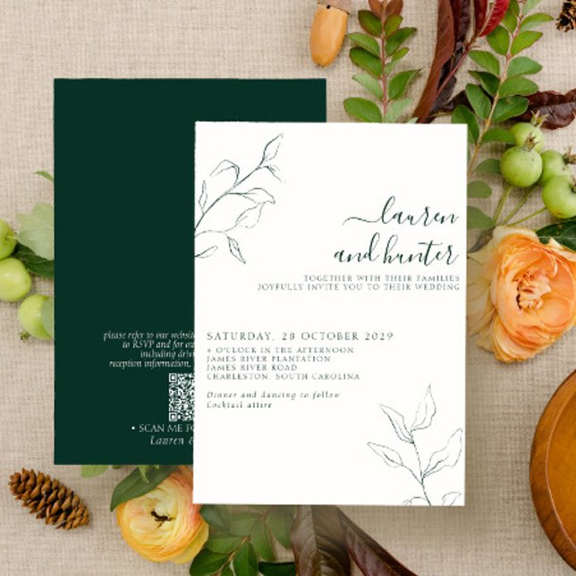Invitación Moderno código QR Boda botánico verde esmeralda (Subido por el creador)