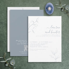 Invitación Moderno código QR Dusty Blue Script Boda botánico