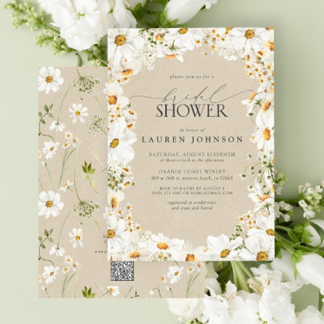 Invitación Moderno código QR Elegante Daisy Rustic Bridal Sho (QR Code Bridal Shower Invitation)