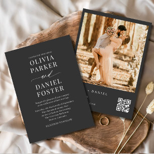 Invitación Moderno código QR Foto Boda elegante de carbón veg