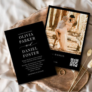 Invitación Moderno código QR negro fotografía matrimonio eleg