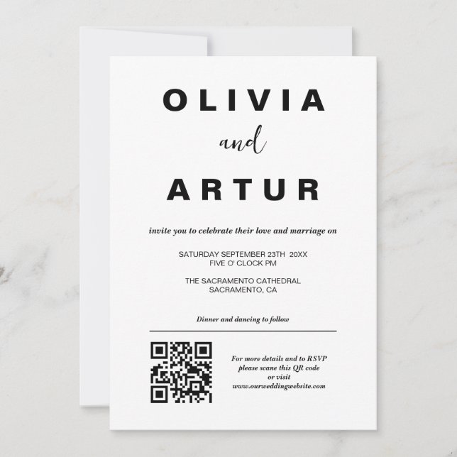 Invitación Moderno código QR simple Boda blanco y negro (Anverso)