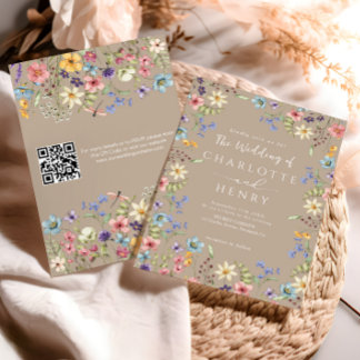 Invitación Moderno código QR Taupe Rustic Wildflower Boda