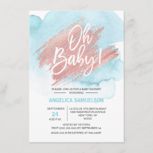 Invitación Moderno color de agua azul Rosa oro Oh Baby Shower