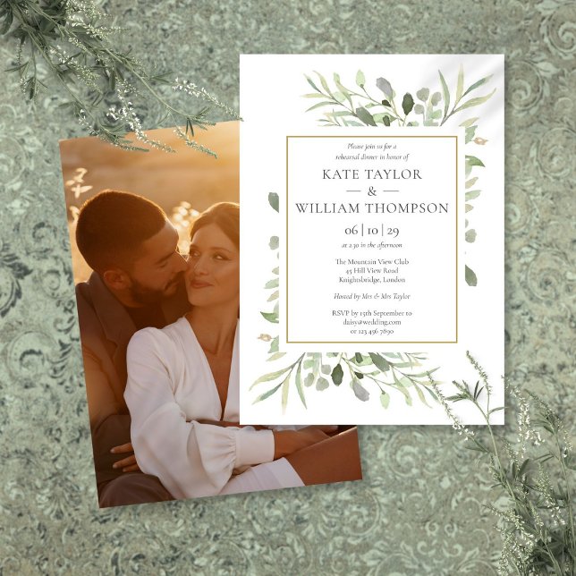 Invitación Moderno color de agua verde foto ensayo cena (Modern Watercolor Greenery Photo Rehearsal Dinner Invitation)