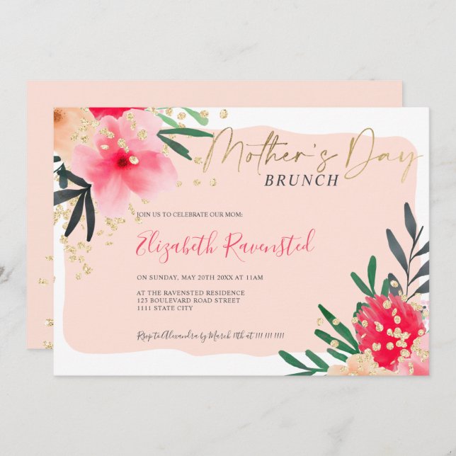 Invitación Moderno color rosa rosa floral giratorio dorado dí (Anverso / Reverso)