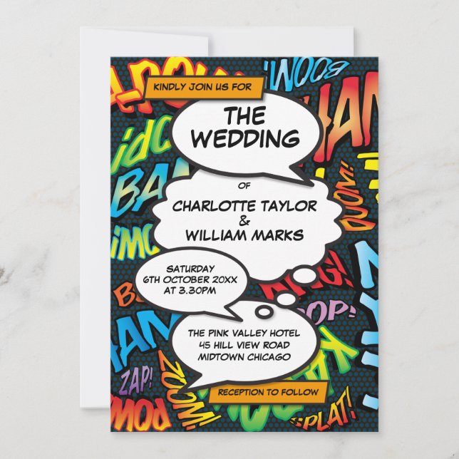 Invitación Moderno Comic De Diversión Todo En Un Boda (Anverso)