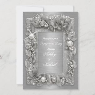 Invitación moderno compromiso chic gloria plata hoja perla