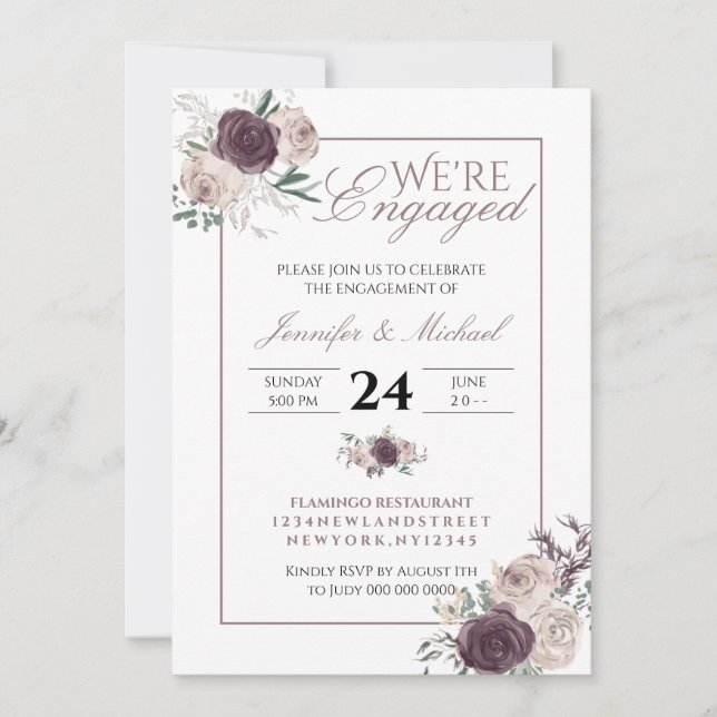 Invitación Moderno Compromiso Floral Elegante Rosa Blush (Anverso)