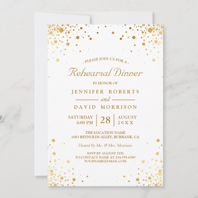 Invitación Moderno Confetti de oro Dots Boda Ensayo Cena (Anverso)