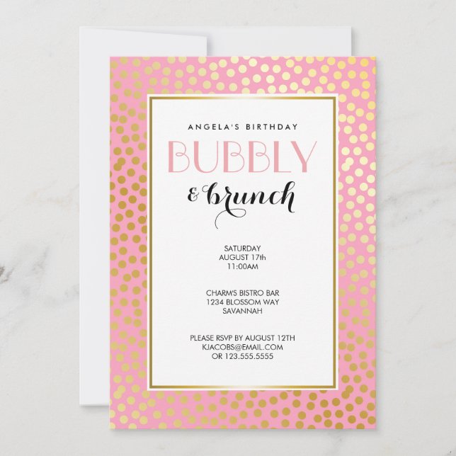 Invitación Moderno Confetti Polka Dots Pink Gold Brunch (Anverso)