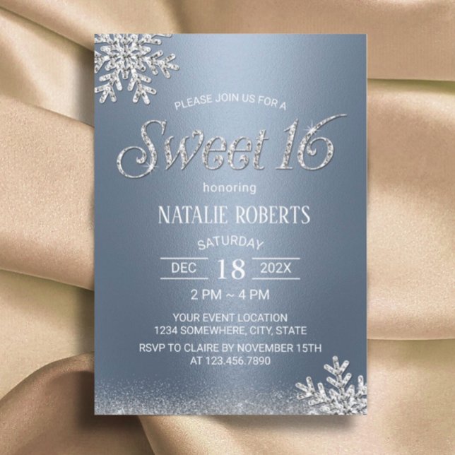 Invitación Moderno copo de nieve Dusty Blue Winter Sweet 16 (Subido por el creador)