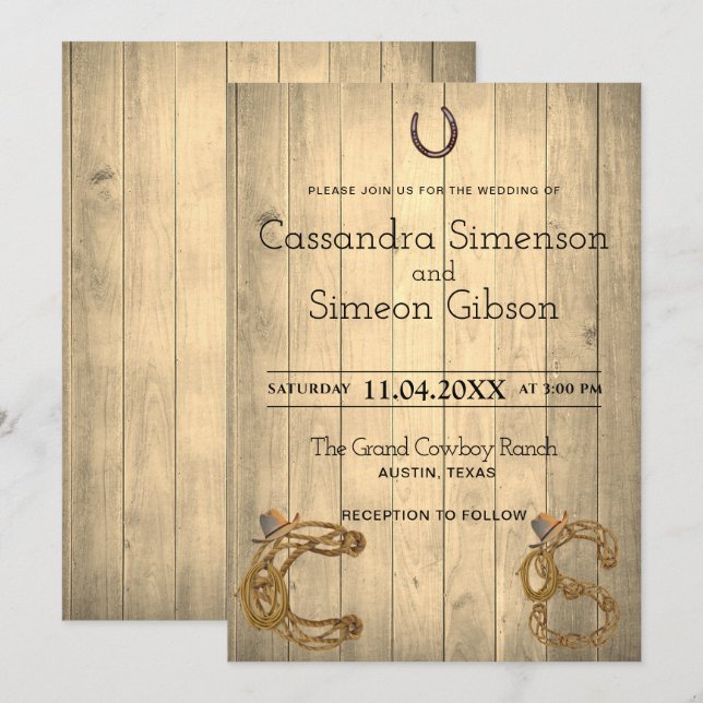 Invitación Moderno Cowboy, Wood Rustic Wedding Day (Anverso / Reverso)
