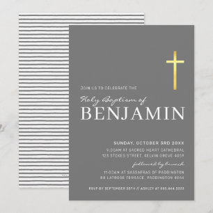 Invitación MODERNO CROSS Relieve metalizado bautismo mínimo b
